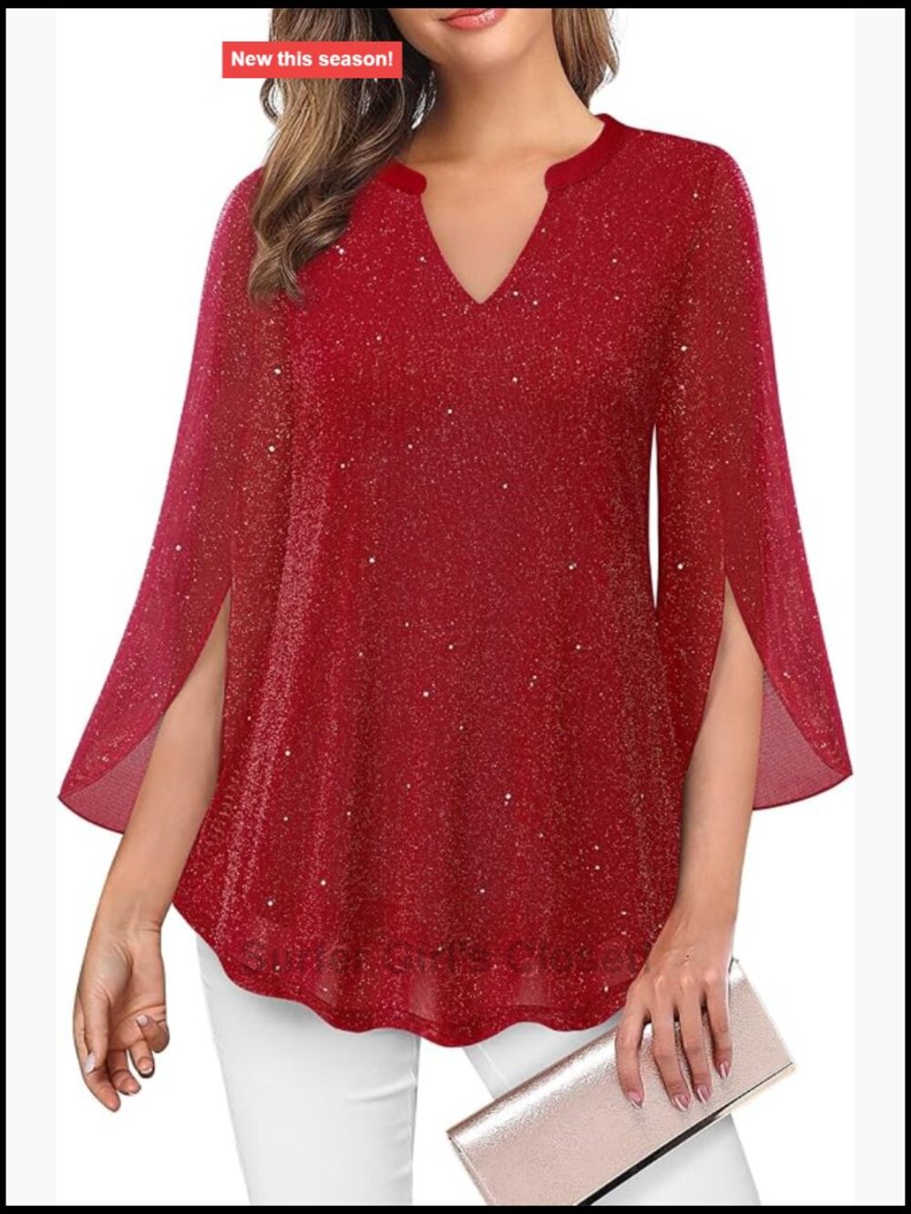 Women's Floral 3/4 Sleeve Tunic with V-Neck and Ruffle Hem, Double Layer Mesh